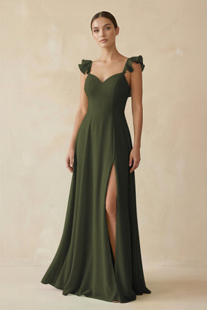 Olive Ruffled Chiffon A-Line Long Bridesmaid Dress | KISSBRIDAL