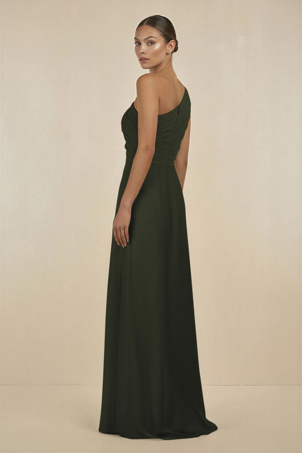 Olive Ruffled One-Shoulder Pleated Sheath Bridesmaid Dress (2) | KISSBRIDAL