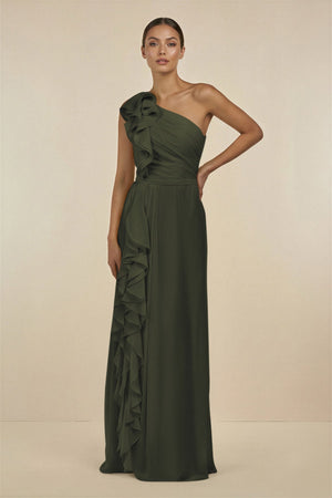 Olive Ruffled One-Shoulder Pleated Sheath Bridesmaid Dress | KISSBRIDAL