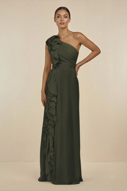 Olive Ruffled One-Shoulder Pleated Sheath Bridesmaid Dress | KISSBRIDAL