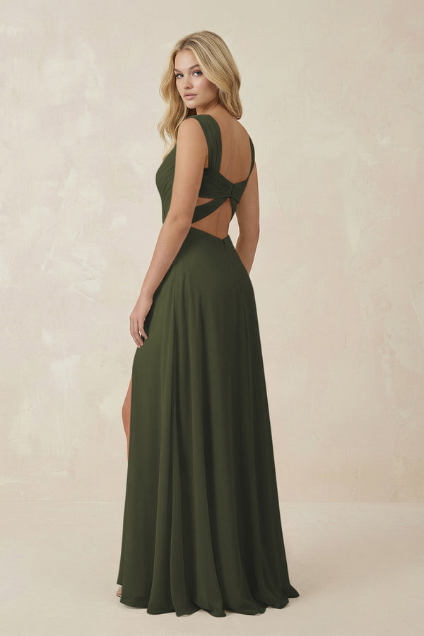 Olive Sweetheart A-Line Chiffon Long Bridesmaid Dress (2) | KISSBRIDAL