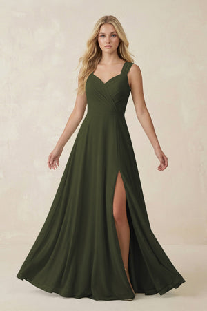 Olive Sweetheart A-Line Chiffon Long Bridesmaid Dress | KISSBRIDAL