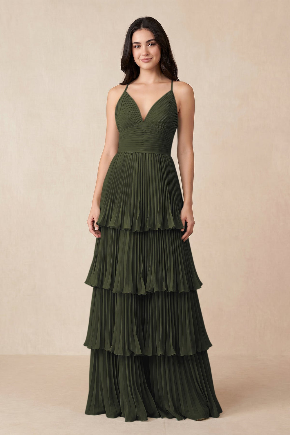 Tiered Pleated V-Neck A-Line Chiffon Bridesmaid Dress in Olive