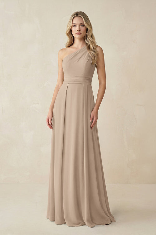 One-Shoulder A-Line Chiffon Bridesmaid Dress in Almond | KISSBRIDAL