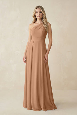 One - Shoulder A - Line Chiffon Bridesmaid Dress in Bronzer - KISS BRIDAL Bridesmaid Dresses