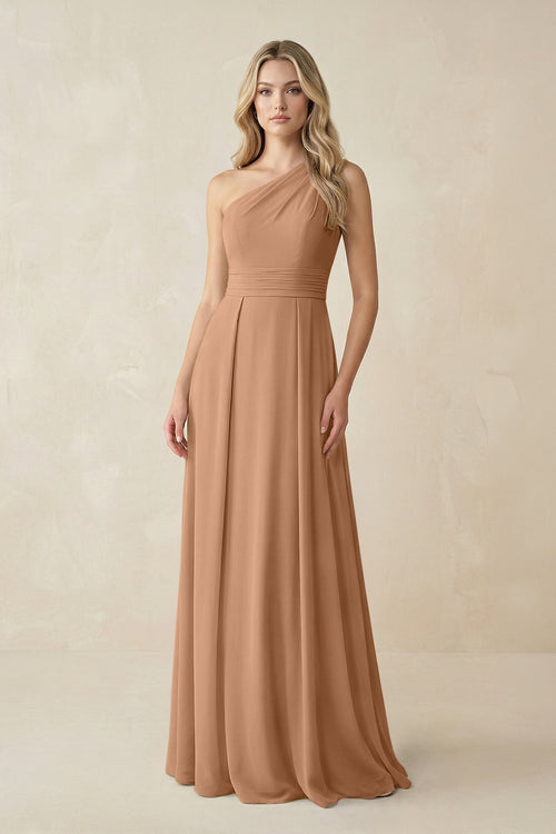 One - Shoulder A - Line Chiffon Bridesmaid Dress in Bronzer - KISS BRIDAL Bridesmaid Dresses