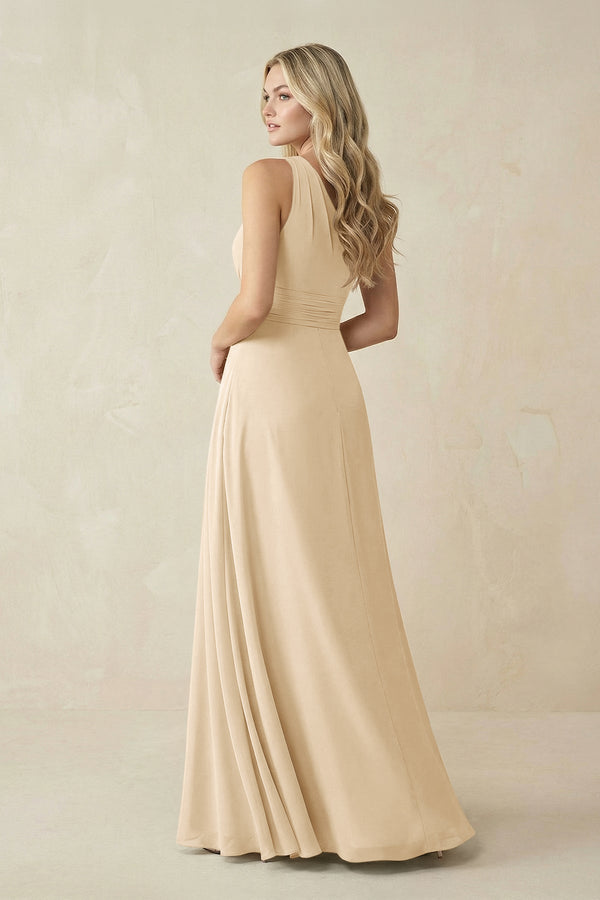 One-Shoulder A-Line Chiffon Bridesmaid Dress in Champagne (2) | KISSBRIDAL