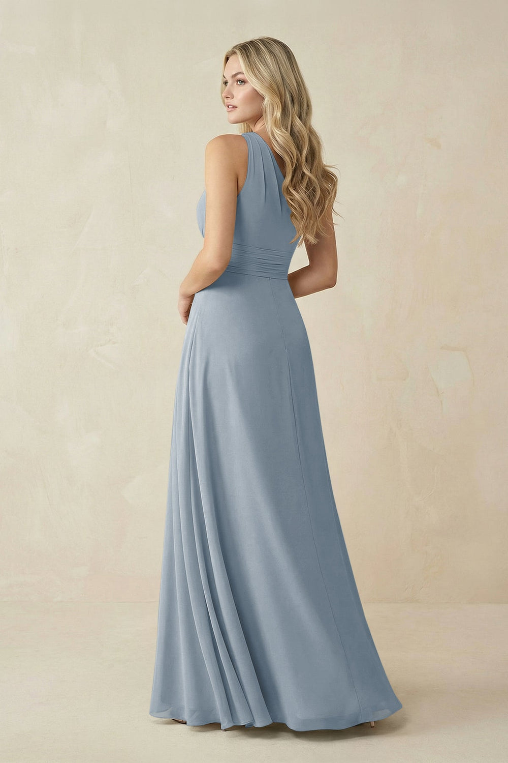 One-Shoulder A-Line Chiffon Bridesmaid Dress in Dusty Blue
