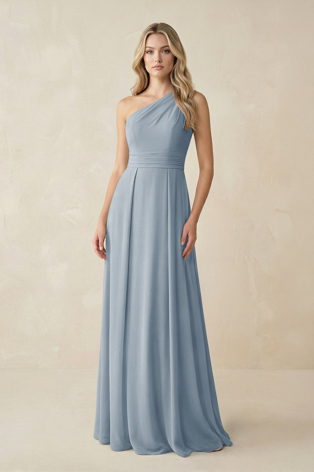 One-Shoulder A-Line Chiffon Bridesmaid Dress in Dusty Blue