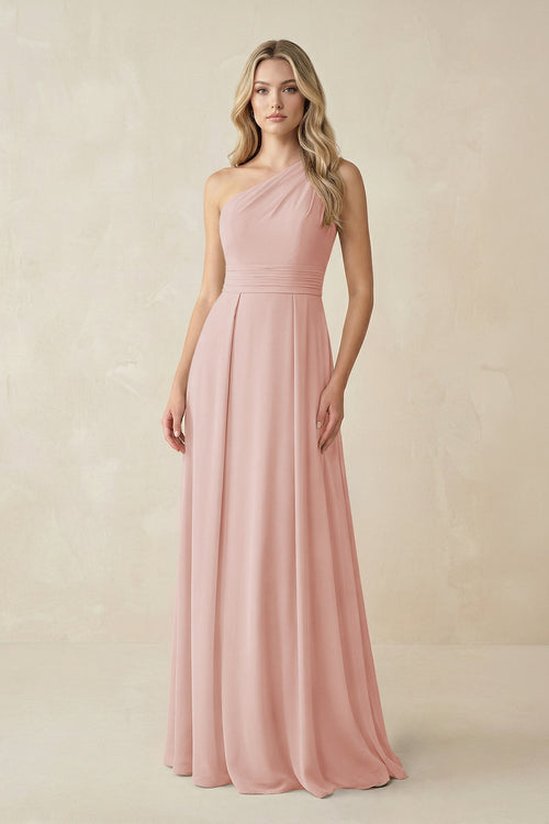One-Shoulder A-Line Chiffon Bridesmaid Dress in English Rose | KISSBRIDAL