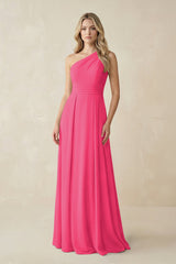 One-Shoulder A-Line Chiffon Bridesmaid Dress in Fuchsia | KISSBRIDAL