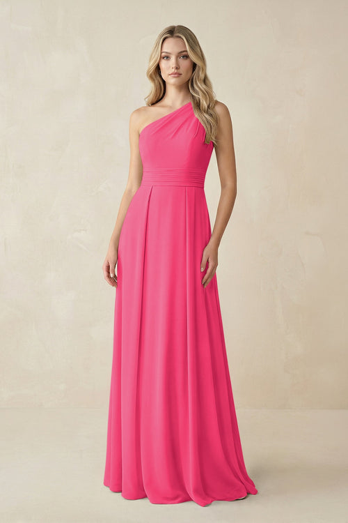 One-Shoulder A-Line Chiffon Bridesmaid Dress in Fuchsia | KISSBRIDAL