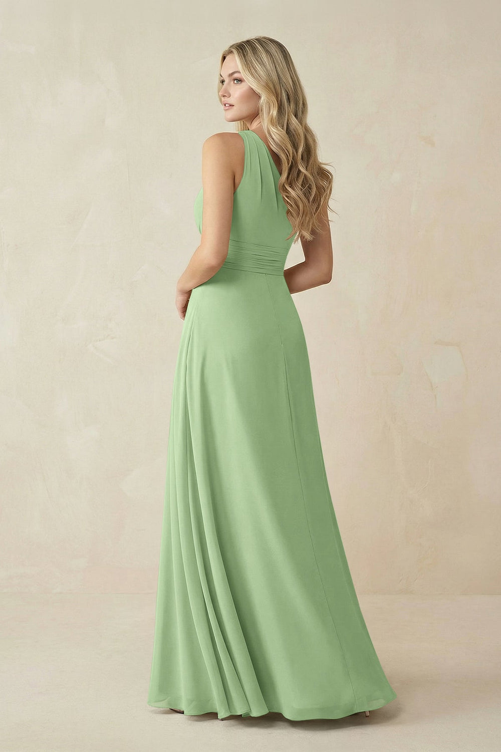 One-Shoulder A-Line Chiffon Bridesmaid Dress in Matcha