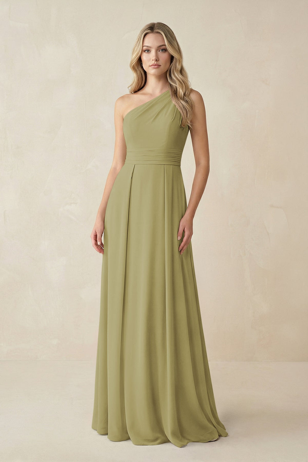 One-Shoulder A-Line Chiffon Bridesmaid Dress in Moss Green