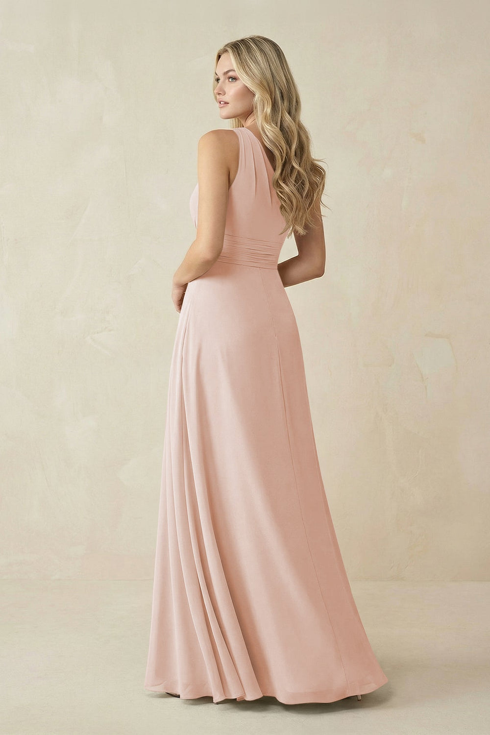 One-Shoulder A-Line Chiffon Bridesmaid Dress in Pale Blush
