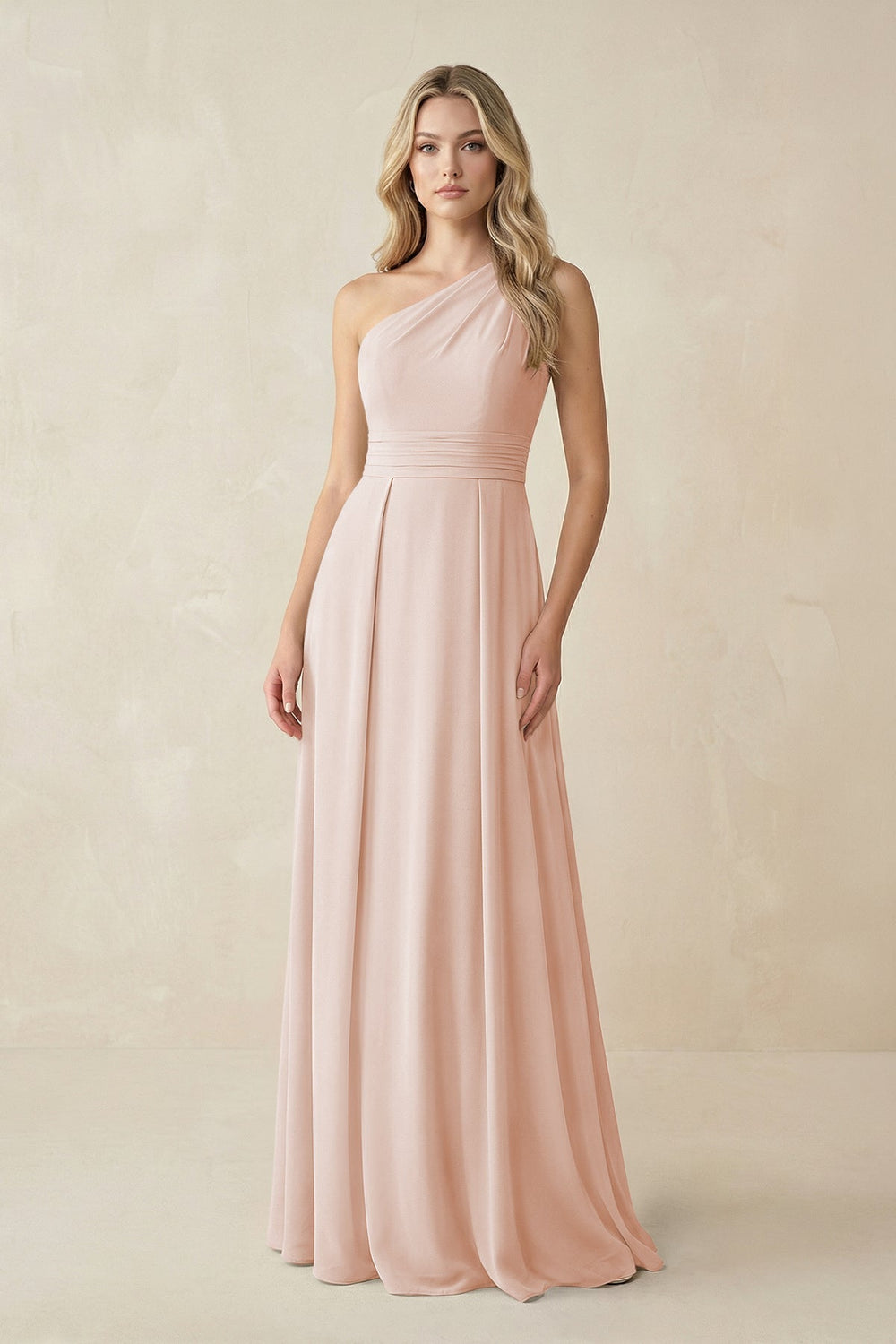 One-Shoulder A-Line Chiffon Bridesmaid Dress in Pale Blush