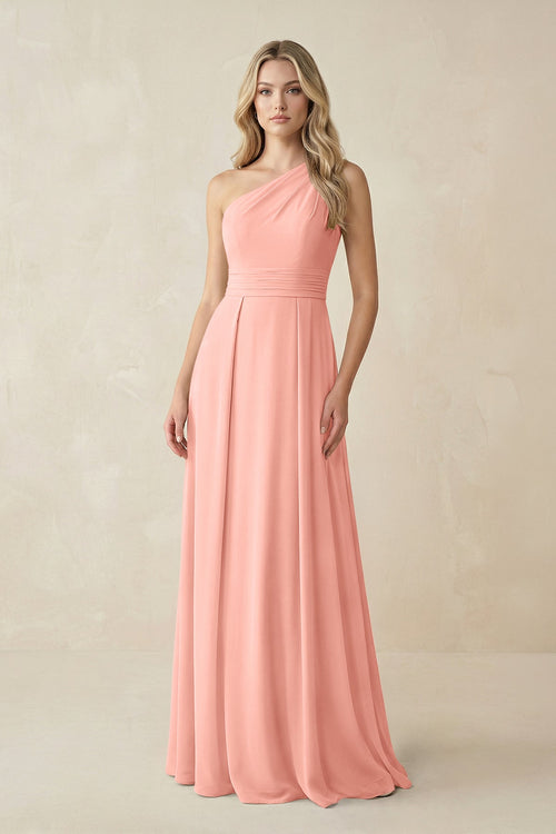 One-Shoulder A-Line Chiffon Bridesmaid Dress in Rosette | KISSBRIDAL