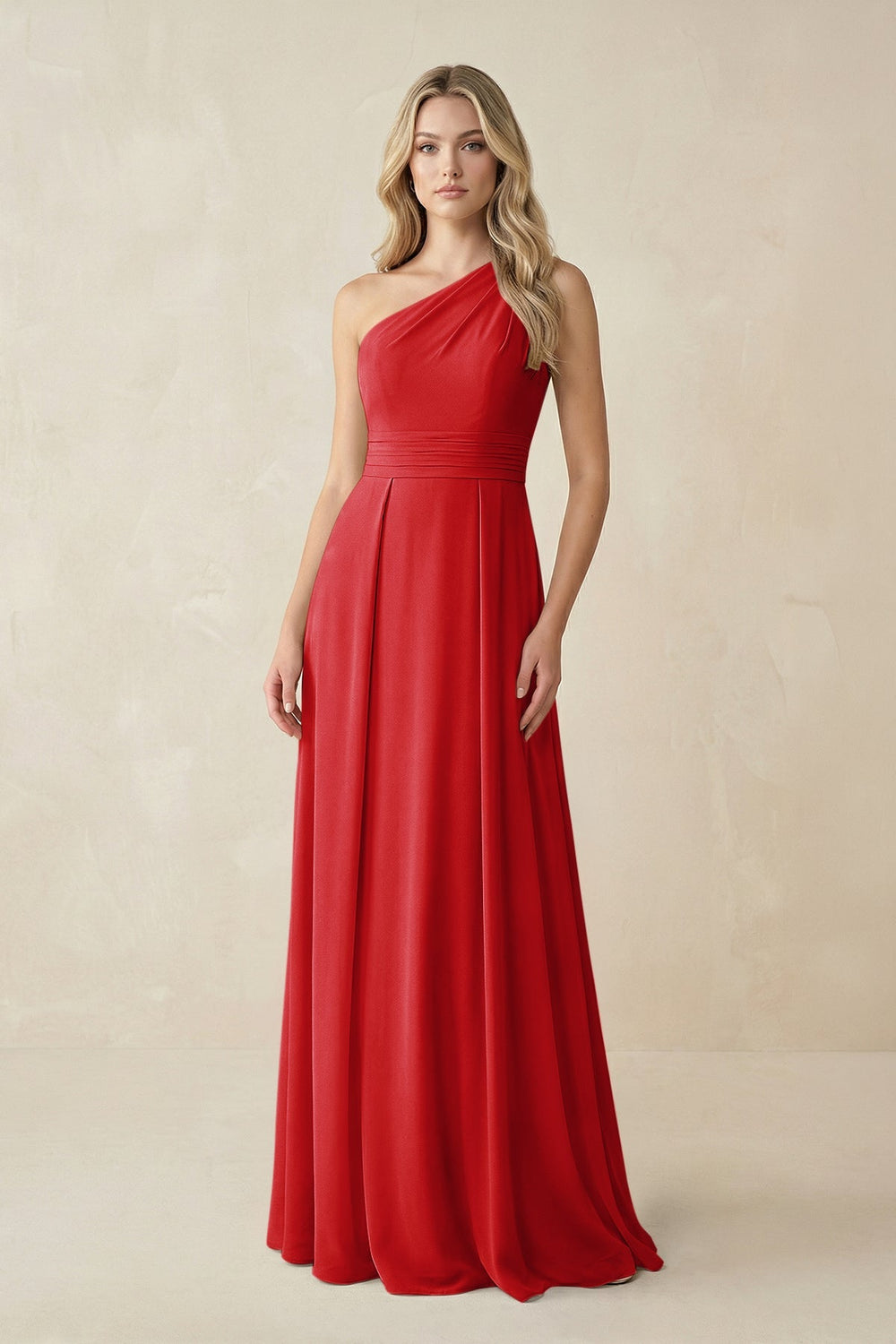 One-Shoulder A-Line Chiffon Bridesmaid Dress in Ruby Red