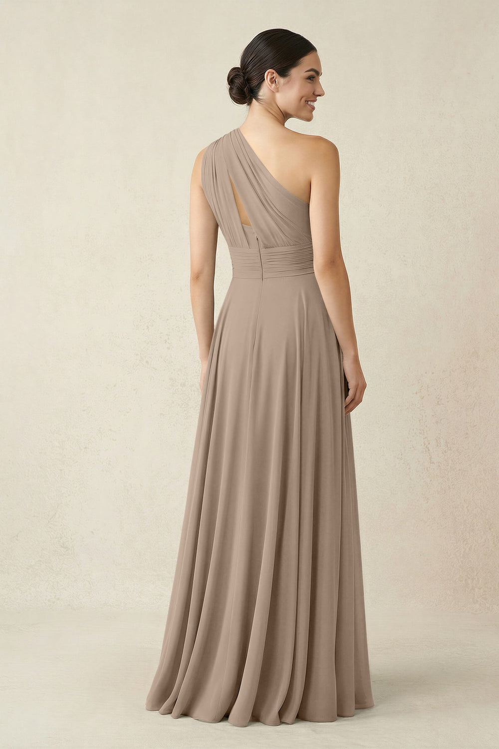 One-Shoulder A-Line Pleated Chiffon Bridesmaid Dress in Almond