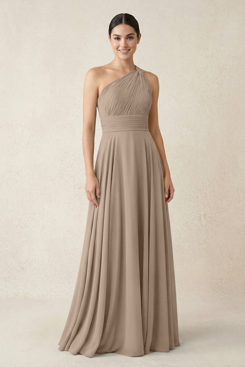 One-Shoulder A-Line Pleated Chiffon Bridesmaid Dress in Almond | KISSBRIDAL