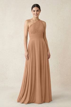 One - Shoulder A - Line Pleated Chiffon Bridesmaid Dress in Bronzer - KISS BRIDAL Bridesmaid Dresses