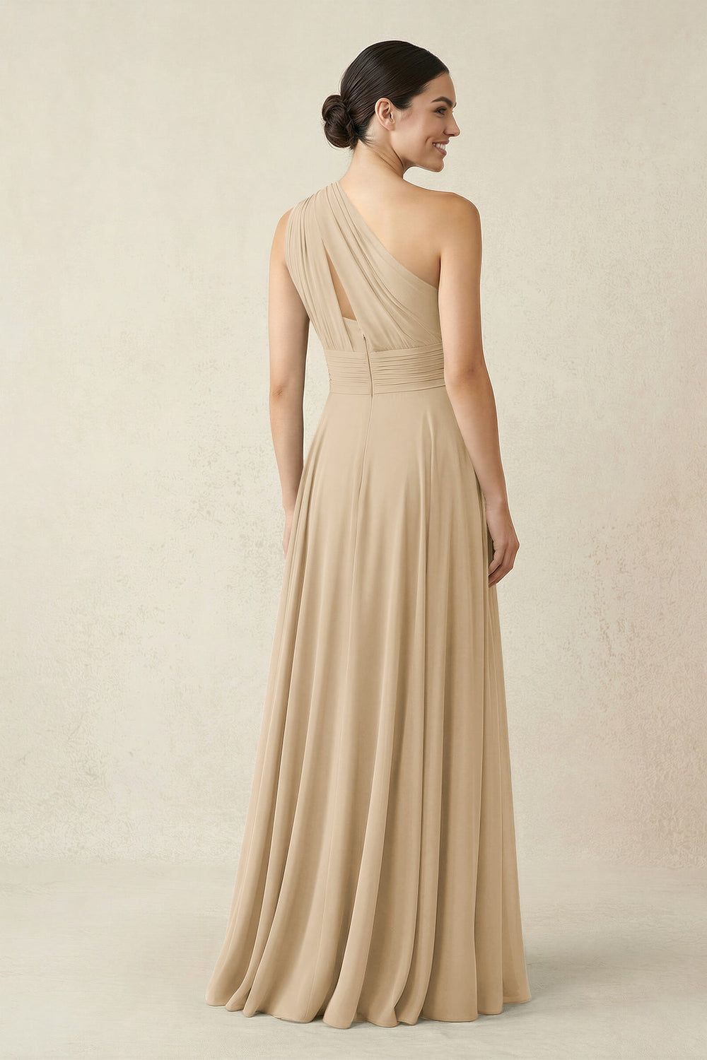 One-Shoulder A-Line Pleated Chiffon Bridesmaid Dress in Champagne