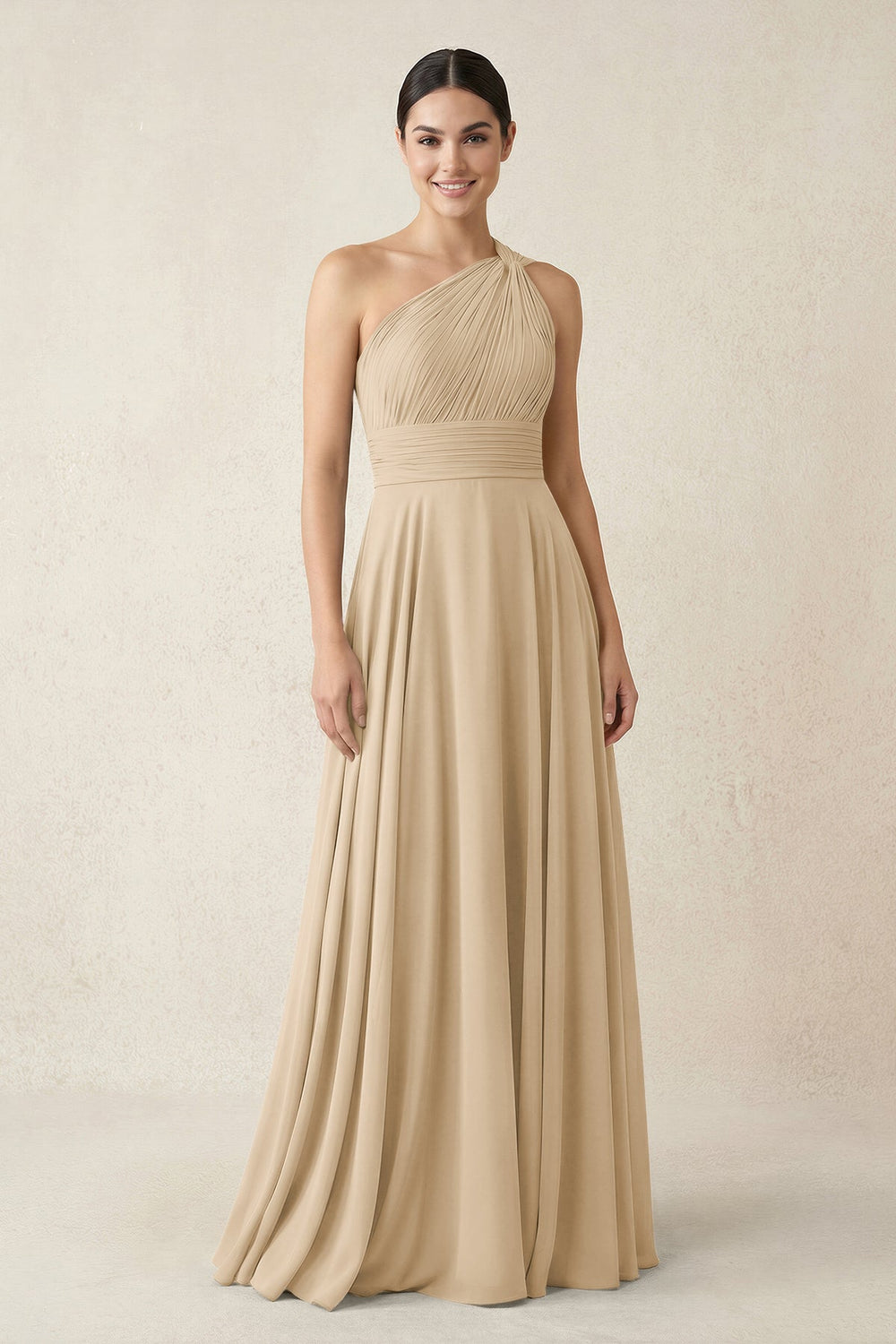 One-Shoulder A-Line Pleated Chiffon Bridesmaid Dress in Champagne