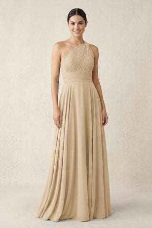 One-Shoulder A-Line Pleated Chiffon Bridesmaid Dress in Champagne | KISSBRIDAL
