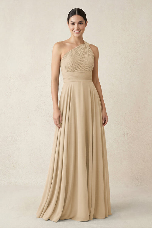 One-Shoulder A-Line Pleated Chiffon Bridesmaid Dress in Champagne | KISSBRIDAL