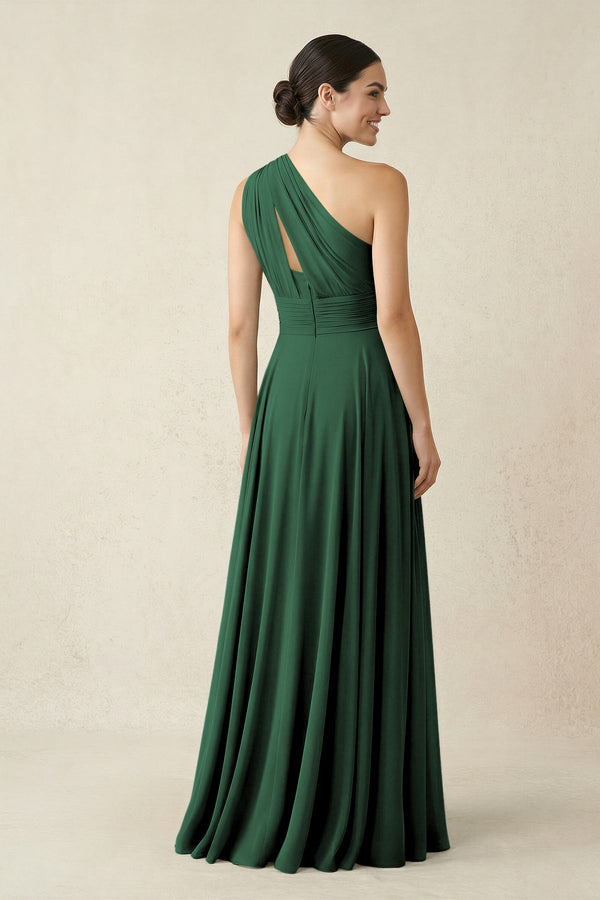 One-Shoulder A-Line Pleated Chiffon Bridesmaid Dress in Dark Green (2) | KISSBRIDAL