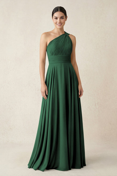 One-Shoulder A-Line Pleated Chiffon Bridesmaid Dress in Dark Green | KISSBRIDAL