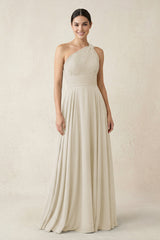 One - Shoulder A - Line Pleated Chiffon Bridesmaid Dress in Dove Gray - KISS BRIDAL Bridesmaid Dresses