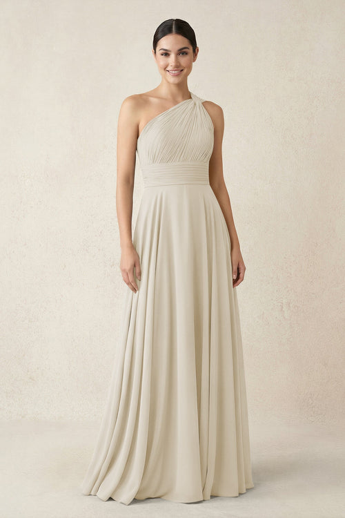 One - Shoulder A - Line Pleated Chiffon Bridesmaid Dress in Dove Gray - KISS BRIDAL Bridesmaid Dresses