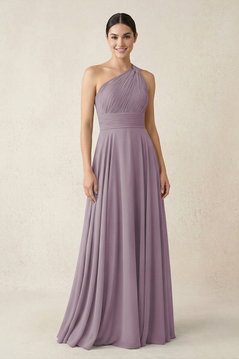 One-Shoulder A-Line Pleated Chiffon Bridesmaid Dress in Dusk