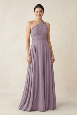 One-Shoulder A-Line Pleated Chiffon Bridesmaid Dress in Dusk | KISSBRIDAL