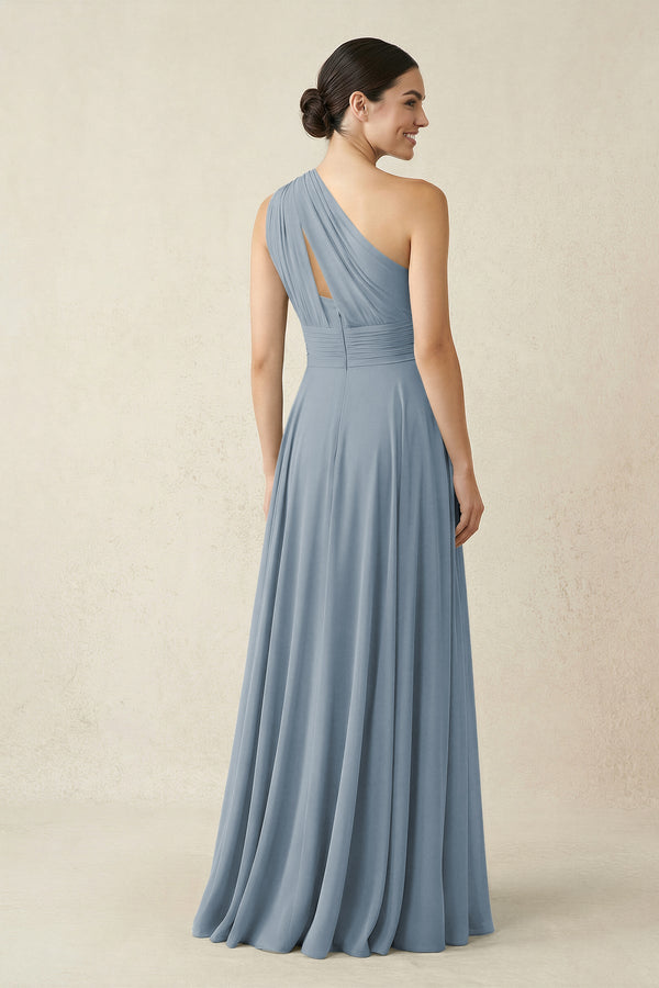 One-Shoulder A-Line Pleated Chiffon Bridesmaid Dress in Dusty Blue (2) | KISSBRIDAL
