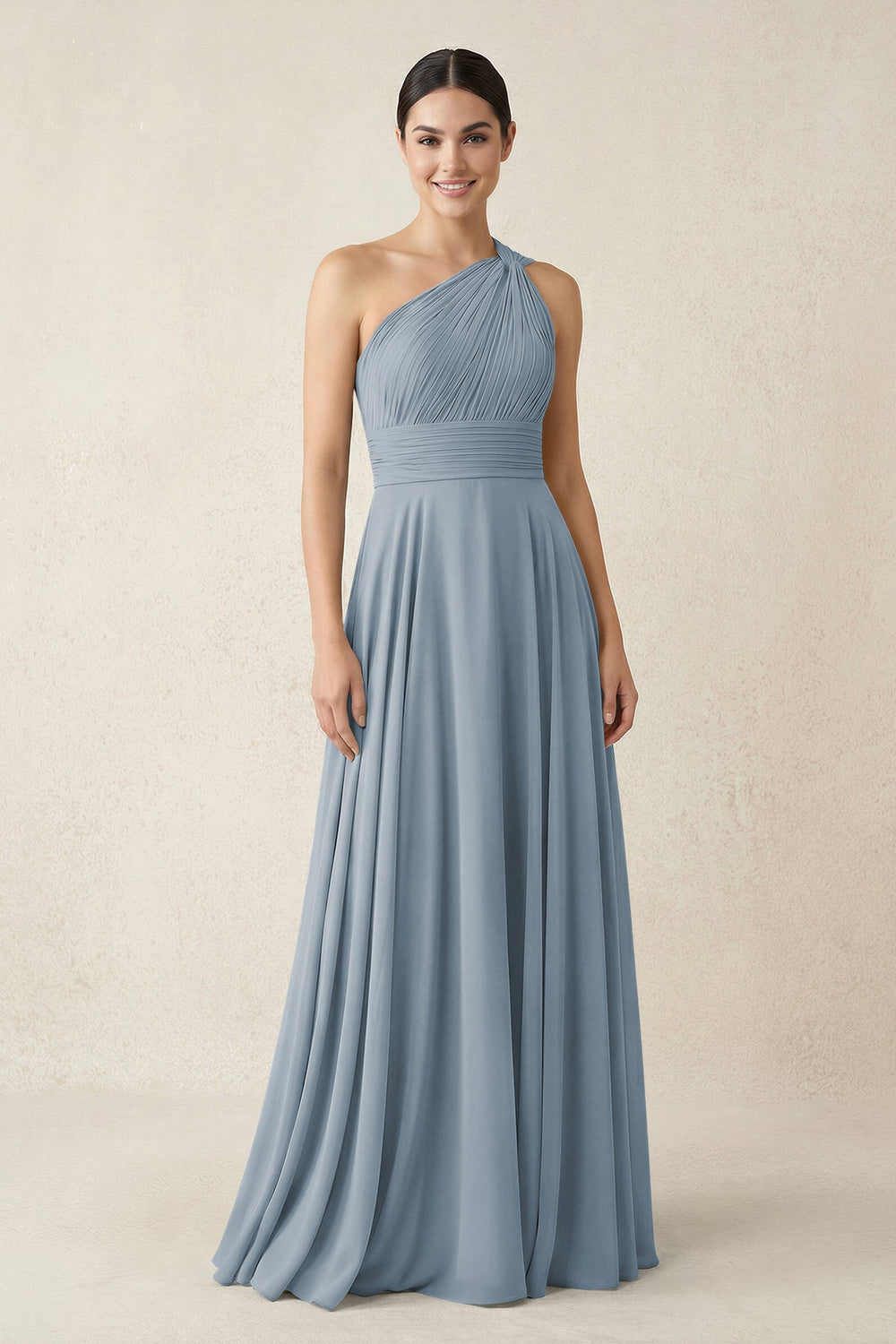 One-Shoulder A-Line Pleated Chiffon Bridesmaid Dress in Dusty Blue