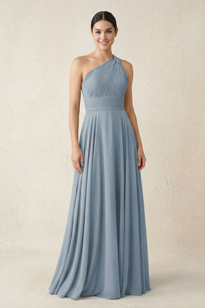 One-Shoulder A-Line Pleated Chiffon Bridesmaid Dress in Dusty Blue | KISSBRIDAL