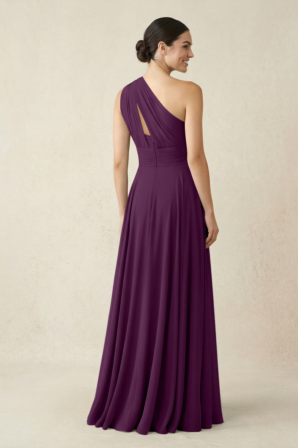 One-Shoulder A-Line Pleated Chiffon Bridesmaid Dress in Fig
