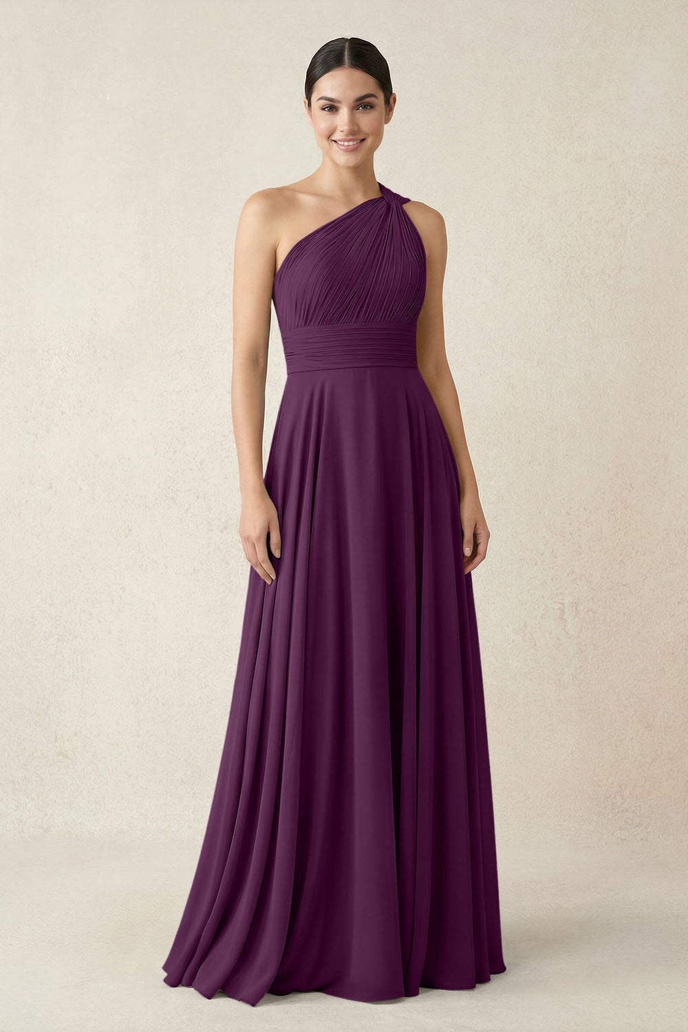 One-Shoulder A-Line Pleated Chiffon Bridesmaid Dress in Fig