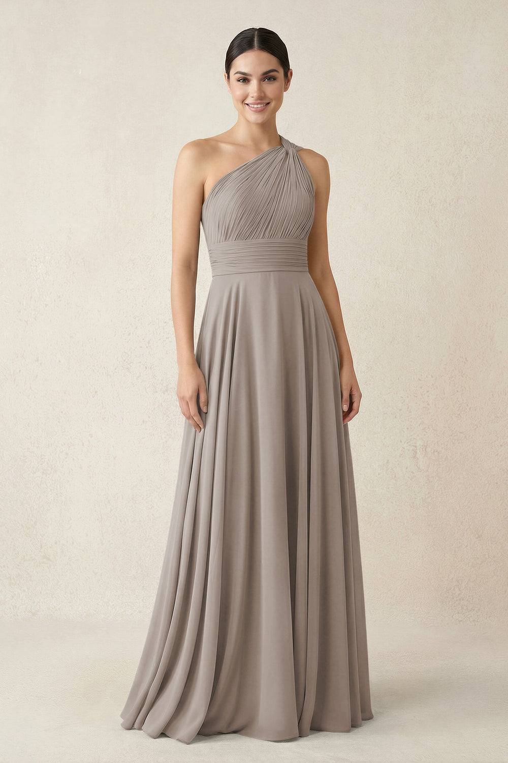 One-Shoulder A-Line Pleated Chiffon Bridesmaid Dress in Frost