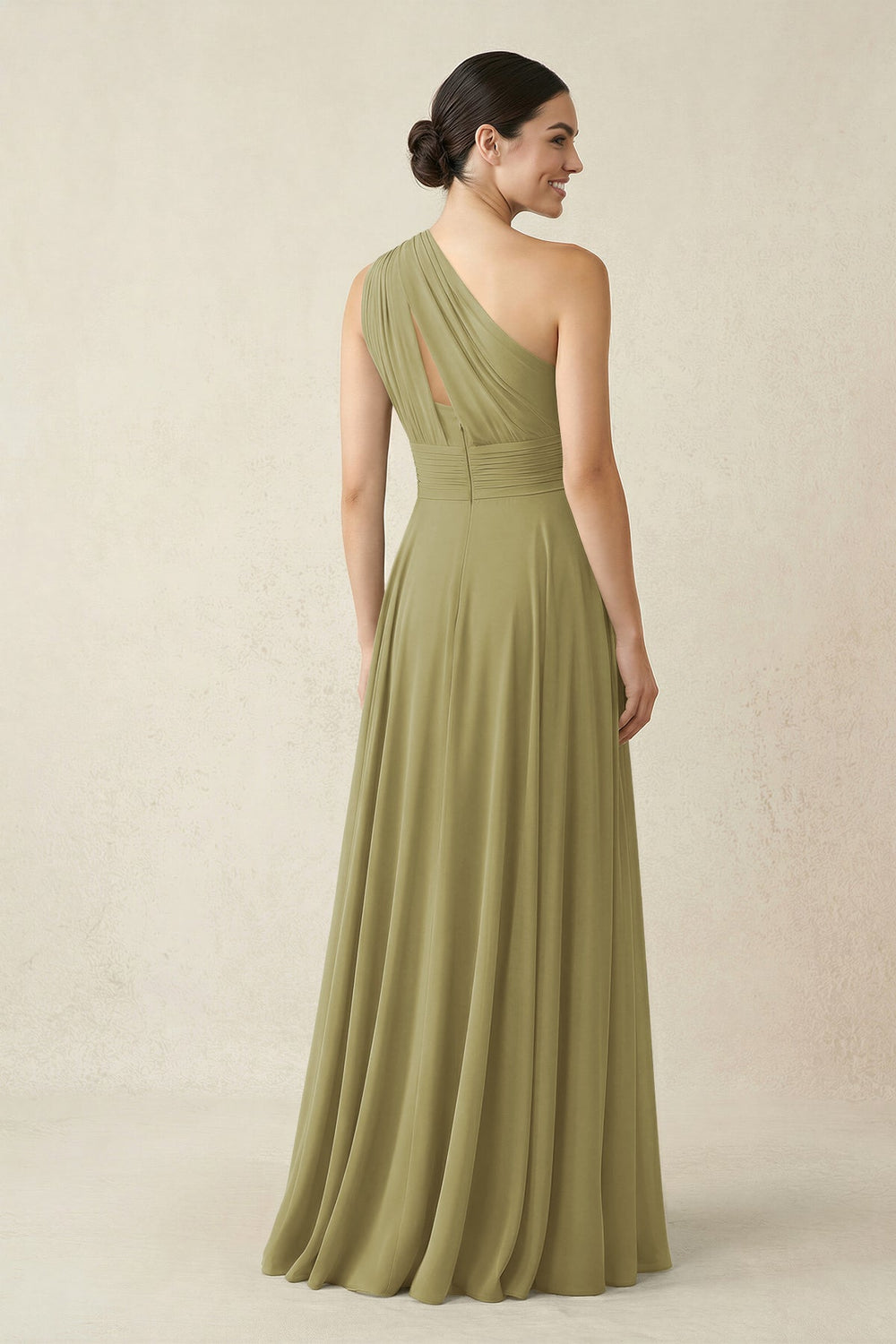 One-Shoulder A-Line Pleated Chiffon Bridesmaid Dress in Moss Green