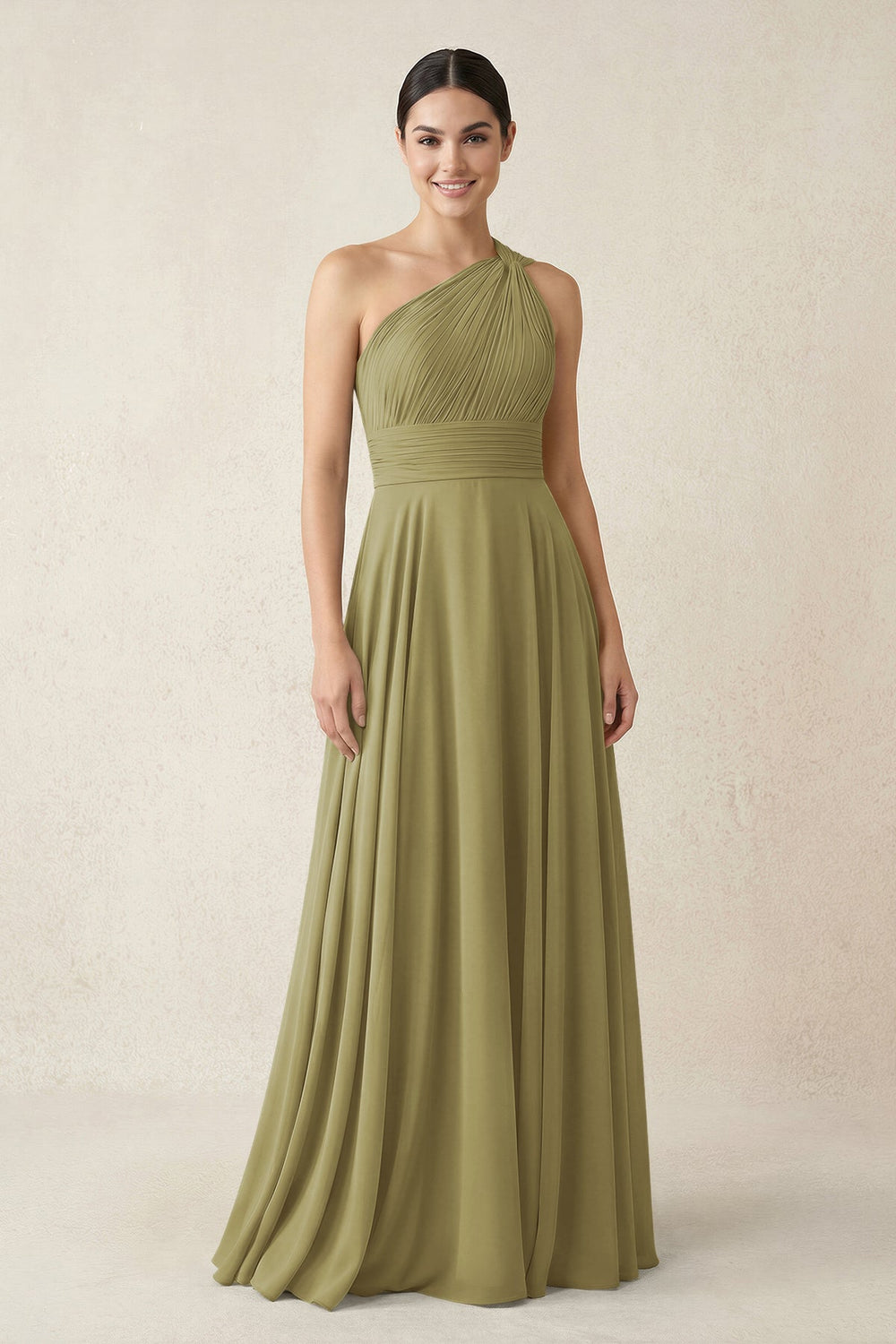 One-Shoulder A-Line Pleated Chiffon Bridesmaid Dress in Moss Green