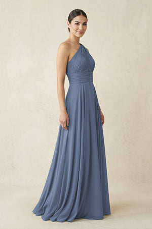 One - Shoulder A - Line Pleated Chiffon Bridesmaid Dress in Neptune - KISS BRIDAL Bridesmaid Dresses