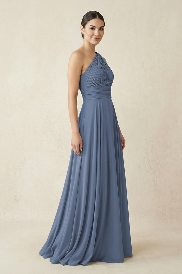 One - Shoulder A - Line Pleated Chiffon Bridesmaid Dress in Neptune - KISS BRIDAL Bridesmaid Dresses