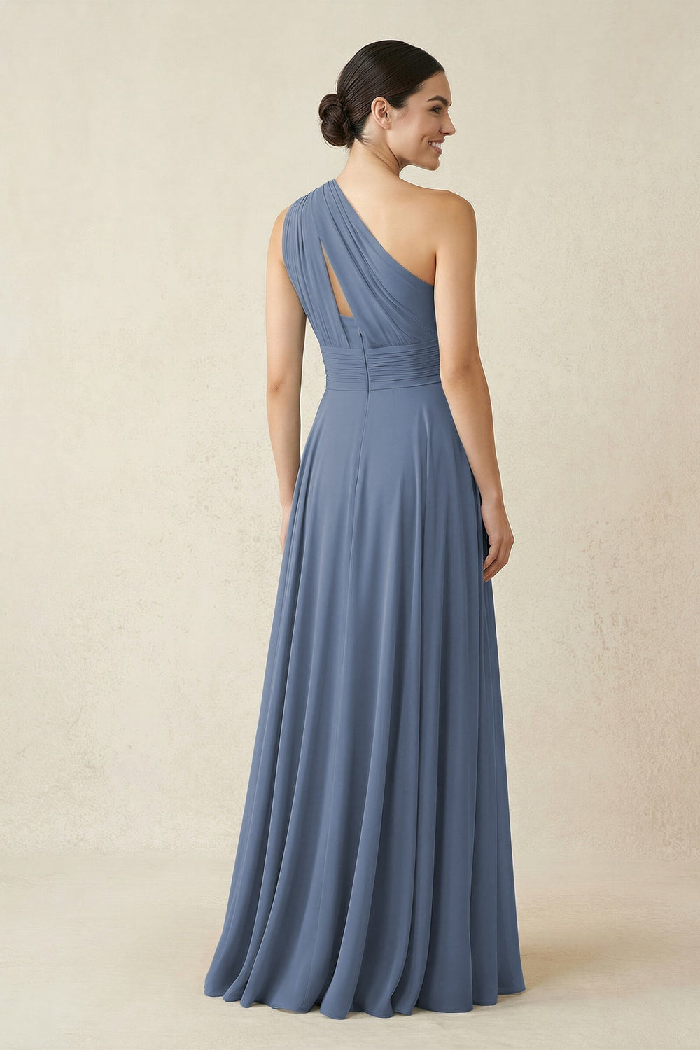 One-Shoulder A-Line Pleated Chiffon Bridesmaid Dress in Neptune