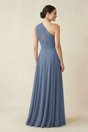 One - Shoulder A - Line Pleated Chiffon Bridesmaid Dress in Neptune - KISS BRIDAL Bridesmaid Dresses