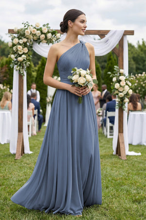 One - Shoulder A - Line Pleated Chiffon Bridesmaid Dress in Neptune - KISS BRIDAL Bridesmaid Dresses