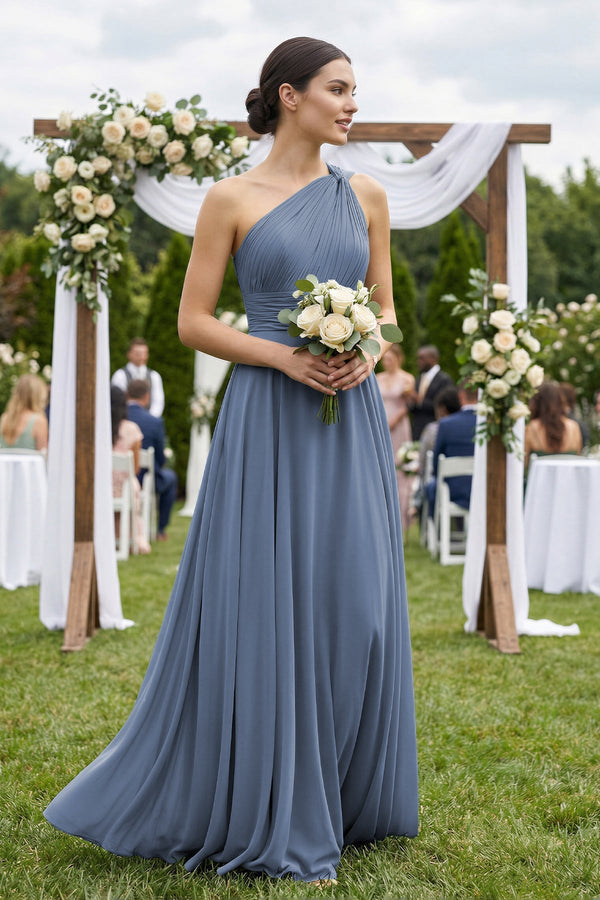 One - Shoulder A - Line Pleated Chiffon Bridesmaid Dress in Neptune - KISS BRIDAL Bridesmaid Dresses