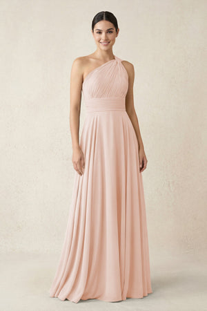 One - Shoulder A - Line Pleated Chiffon Bridesmaid Dress in Pale Blush - KISS BRIDAL Bridesmaid Dresses